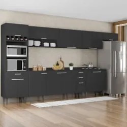 Armário de Cozinha Com Tampo CP06 390cm Pérola Preto Z34      - Mpozen