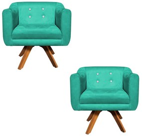 Kit 02 Poltronas Giratória Julia Suede com Strass Base Madeira MM30 D01 - D'Rossi - Verde Turquesa