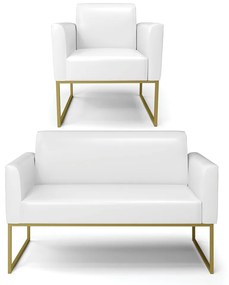 Sofá Namoradeira com Poltrona Base Industrial Dourado Marisa Corano D03 - D'Rossi - Branco