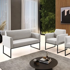 Sofá Namoradeira com Poltrona Base Industrial Preto Marisa Veludo D03 - D'Rossi - Cinza