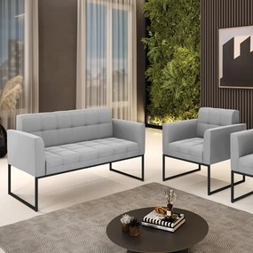 Kit 1 Sofá Namoradeira e 1 Poltrona Elisa Suede Cinza Base Metálica Industrial Preto - D'Rossi
