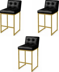 Banqueta Cozinha Alta com Encosto Industrial Kit 3 Dourado Lirina PU C05 - D'Rossi - Preto
