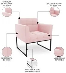 Poltrona Base Industrial Preto Kit 2 Ana Suede Rosa Bebê - Ibiza