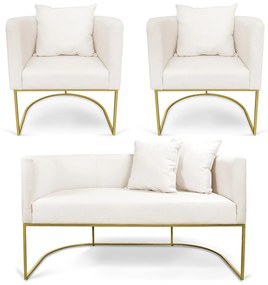 Kit 01 Namoradeira 02 Lugares e 02 Poltronas Paola Linho Base Metálica Dourado D03 - D'Rossi - A27 Areia