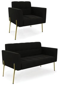 Sofá Namoradeira e Poltrona Pé de Ferro Dourado Elisa Suede D03 - D'Rossi - Preto