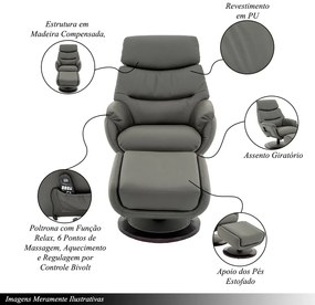 Poltrona de Massagem Giratória Alasca com Aquecimento Apoio para os Pés PU Cinza G56 - Gran Belo