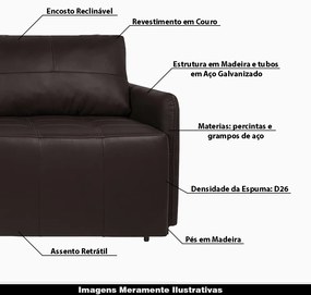 Sofá Decorativo 3 Lugares Sala de Estar 220cm Reclinável e Retrátil Kassandra Couro Marrom G34 - Gran Belo