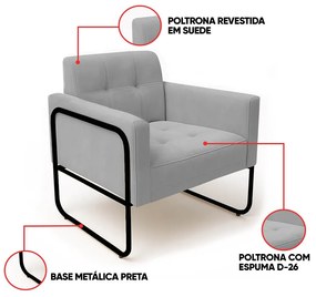 Poltrona Sala Industrial Alta Tubo Preto Elisa Suede D03 - D'Rossi - Cinza