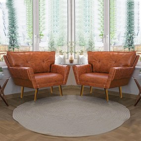 Poltrona Sala Pé de Madeira Kit 2 Anitta Sintético PU Nozes D03 - D'Rossi