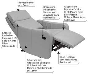 Poltrona Decorativa Reclinável Manual Moroni Couro Cinza G43 - Gran Belo