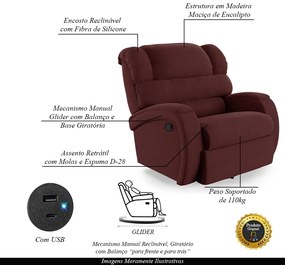 Poltrona do Papai Sala de Cinema Reclinável Kylie Glider Manual Giratória USB Veludo Vinho G23