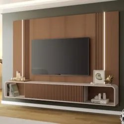 Painel TV 85 Pol 219cm Bancada Suspensa Empire Off/Castanho - HB Móvei
