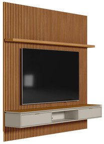 Painel para TV até 75 Polegadas Ripado Marisa com Nicho Bancada e Tampo Sobreposto Chanfrado Nature e Off White 219x250 cm L04 - D'Rossi