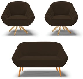 Kit 01 Namoradeira 02 Lugares e 02 Poltronas Giratória Giovana Suede Marrom Base Madeira MA30 - D'Rossi