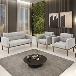 Sofá Namoradeira e 2 Poltronas Base Madeira Castanho Ana Veludo Cinza