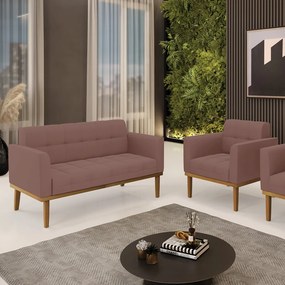 Conjunto Poltrona e Namoradeira Decorativas Karen Pés Fixo em Madeira Castanho Veludo Rose G19 - Gran Belo