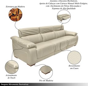 Sofá Elétrico Reclinável Sala de Estar Concepción U076 308cm Modulado Botão Touch Couro Bege Claro G49 - Idea Relax By Natuzzi Group