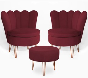 Conjunto 2 Poltrona Dália com Puff Chloe Pés Hairpin Legs Bronze Veludo Bordô