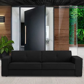 Sofá 3 Lugares Sala de Estar Pés Madeira Laus 242 cm Couro Preto G43 - Gran Belo