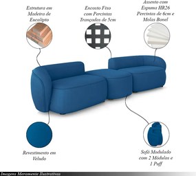 Sofá Versátil Sala de Estar Egito 362cm Modulado Veludo Azul G52 - Gran Belo