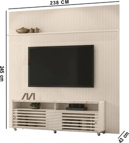 Painel TV 75 Pol 238cm Ripado Kalven com Rack Bancada Nerion M20 - D'Rossi - Calacata(brilho)/Off White(brilho)