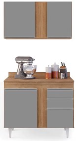 Kit Armário Aéreo e Balcão de Cozinha Lavanderia Aurora com Tampo 100 cm - D'Rossi - Castanho e Cinza