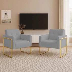 Poltrona Sala Industrial Alta Tubo Dourado Kit 2 Elisa Suede D03 - D'Rossi - Cinza