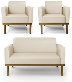 Conjunto 2 Poltronas e 1 Namoradeira Decorativa Isabella Pés Fixo em Madeira Castanho PU Bege G19 - Gran Belo