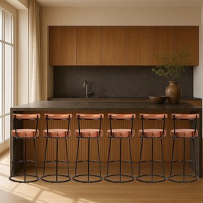 Banqueta Alta Cozinha 70cm Encosto Industrial Aço Kit 6 Ziria Pu S02 - D'Rossi - Caramelo