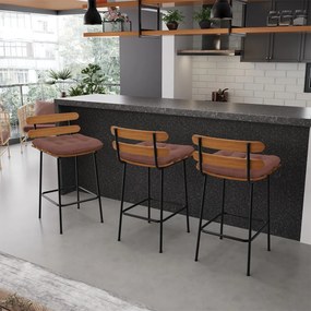 Kit 04 Banquetas Costela Veludo Rosê Base Metálica Preto - DRossi