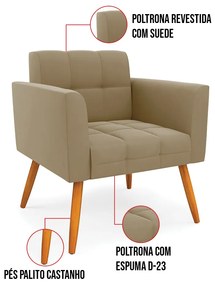 Kit 1 Sofá Namoradeira e 2 Poltronas Elisa Suede Pés Palito Castanho D03 - D'Rossi - Marrom Rato