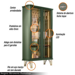 Cristaleira Decorativo com LED Portas de Vidro Évora Verde Pistache G26 - HB Móveis