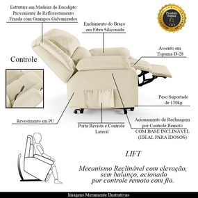 Poltrona do Papai Reclinável Sala de Cinema Madrid Elevação Lift Elétrico PU Bege  G23 - Gran Belo