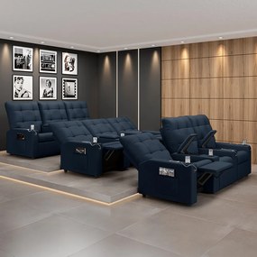 Poltrona do Papai Reclinável Sala de Cinema Movie 3 Lugares Manual Baú USB Veludo Azul