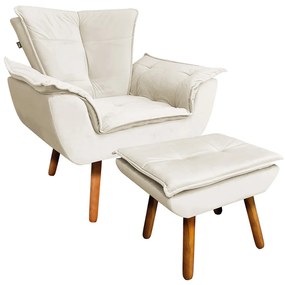 Poltrona e Puff Decorativo Pé Palito de Madeira Opala Veludo Bege D03 - D'Rossi
