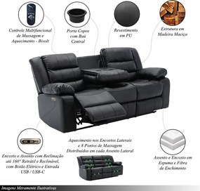 Conjunto Sofás 2 e 3 Lugares Elétricas Sala de Cinema Hollywood com Massagem Aquecimento Entrada USB/USB-C PU Preto G94 - Gran Belo