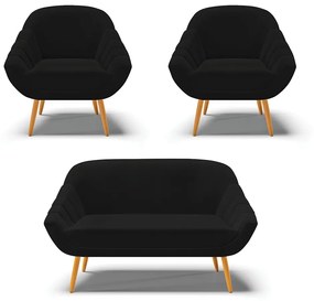 Kit 01 Namoradeira 02 Lugares e 02 Poltronas Giovana Linho Pés Palito Castanho - Indo Decorar - A79 Preto