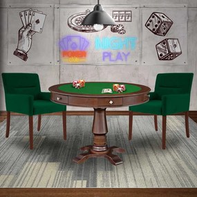 Mesa de Jogos Carteado Victoria Redonda Tampo Reversível Imbuia com Kit 2 Cadeiras Vicenza Suede Verde G36 G15 - Gran Belo