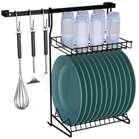 Kit Elegance 6pcs Cozinha Suspensa Parede Com Escorredor de Pratos e Copos Em Inox Preto