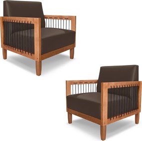 Kit 2 Poltronas Sala de Estar Pés Madeira Maciça Corda Náutica Preta 75cm Manila PU Marrom G63 - Gran Belo