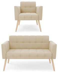 Kit 1 Sofá Namoradeira e 1 Poltrona Elisa Suede Pés Palito Natural - D'Rossi - Bege