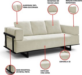 Sofá Cama 2 Lugares Living 200cm Base Industrial Sala Cherie Linho K01 - D'Rossi - Bege