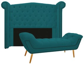 Kit Cabeceira e Calçadeira Veneza 140 cm Casal Suede Azul Turquesa - ADJ Decor