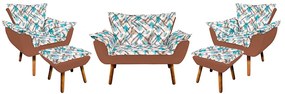 Kit 01 Namoradeira com 02 Poltronas e 02 Puffs Opala Composê Suede com Estampado Traçado Azul D33 Pés Palito Castanho - Caramelo Sisal
