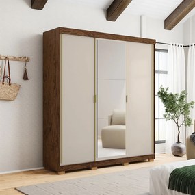Guarda Roupa Casal Heros 3 Portas de Correr Dupla Face com Espelho MDF Nogueira/Fendi G98 - Gran Belo
