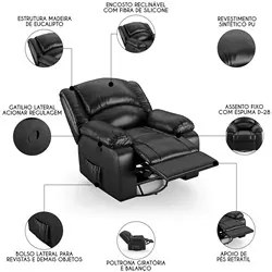 Poltrona do Papai Reclinável Pietra Glider Giratória FH9 PU Preto Bril