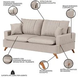 Sofá 180cm 3 Lugares com Almofadas Pés Curvos Veras Linho D05 Bege - M