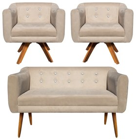 Kit 01 Namoradeira 02 Lugares e 02 Poltronas Giratória Julia Suede Bege com Strass Base Madeira MM30 D'Rossi