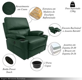 Poltrona do Papai Sala de Cinema Mia Reclinável Retrátil Power Elétrico Base Fixa Couro Verde Brilho G40 - Gran Belo