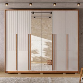 Guarda Roupa Casal Ema 6 Portas de bater com Espelhos 6 Gavetas em MDF Freijo/OffWhite G11 - Gran Belo